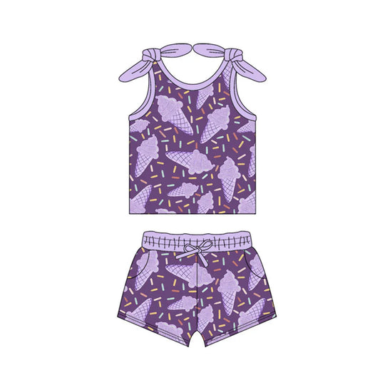 X11.13Preorder(moq 5) Baby Girls Purple Ice Cream Sprinkles Top Pockets Shorts Clothes Sets
