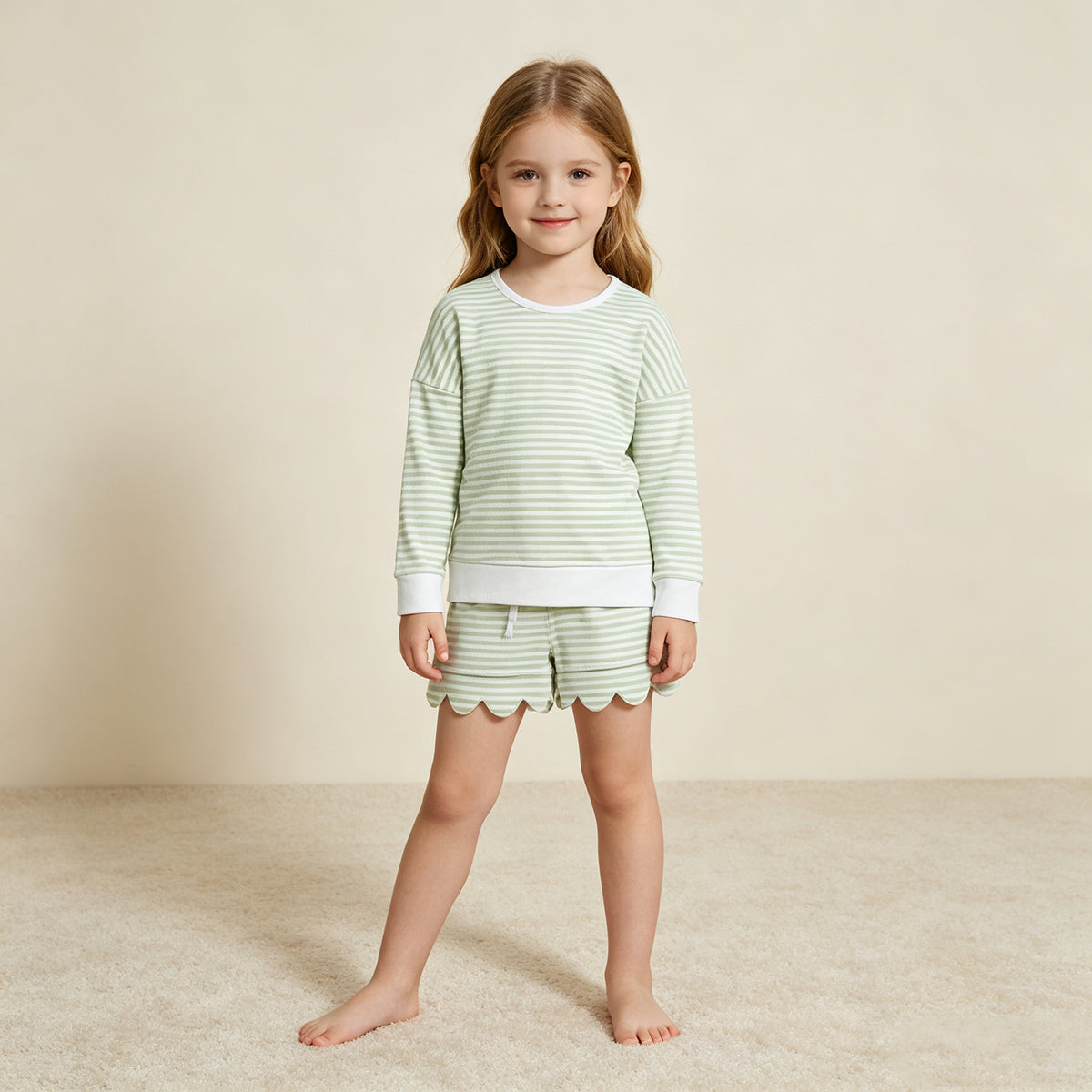 RTS NO MOQ yoga fabric GLS0154 Baby Girls Light Green Stripe Long Sleeve Top Pockets Scallop Short Yoga Active Clothes Set