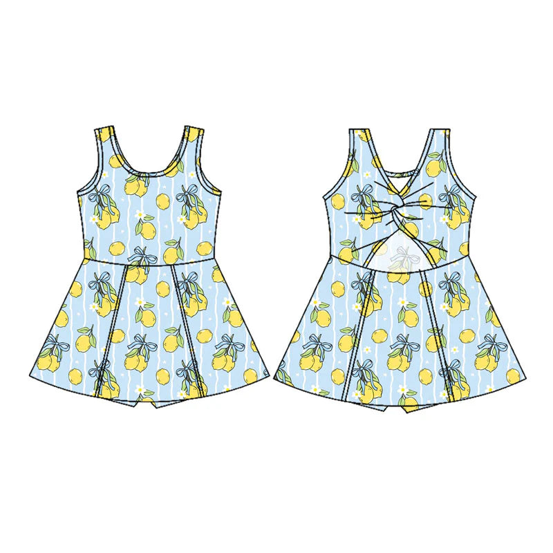 X11.13Preorder(moq 5) Baby Girls Blue Stripe Flowers Lemons Shorts Knee Length Dresses