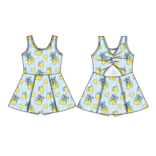X11.13Preorder(moq 5) Baby Girls Blue Stripe Flowers Lemons Shorts Knee Length Dresses