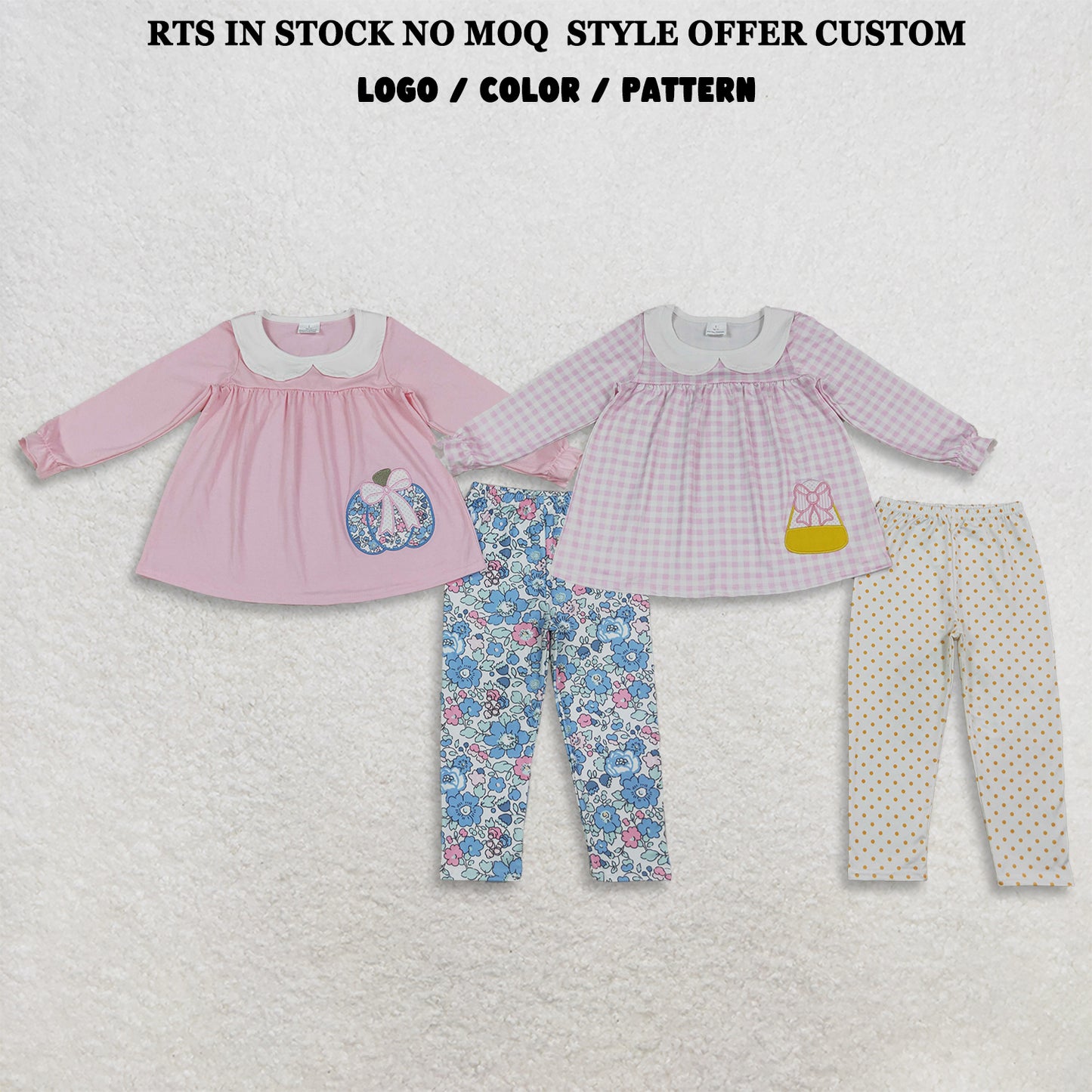 RTS NO MOQ Sibling milk silk Embroidery Baby Girls Collar Tunic Leggings Fall Clothes Sets
