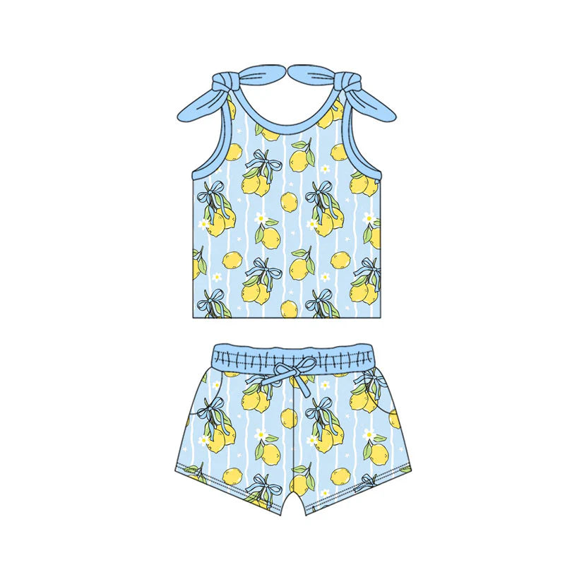 X11.13Preorder(moq 5) Baby Girls Blue Stripe Bows Lemons Top Pockets Shorts Clothes Sets