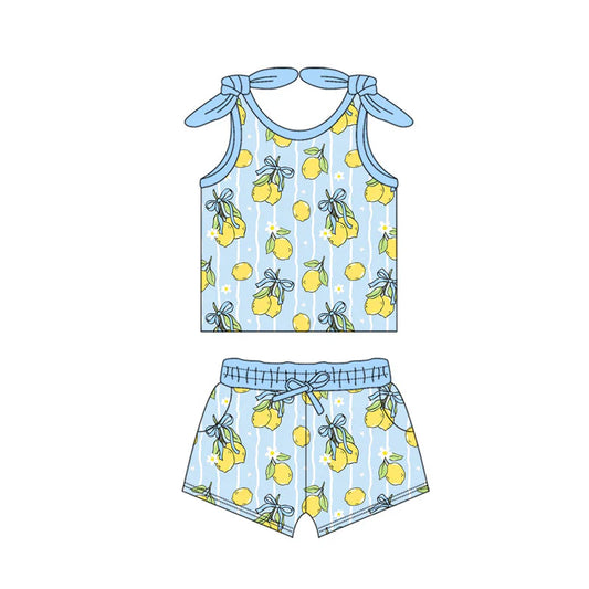 X11.13Preorder(moq 5) Baby Girls Blue Stripe Bows Lemons Top Pockets Shorts Clothes Sets