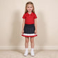 NEW RTS NO MOQ yoga fabric cotton GSD4262（ GT1728+GLK0320）Baby Girls Red Short Sleeve Yoga Active Button Polo Shirts Top Skirt Short Bottoms Set