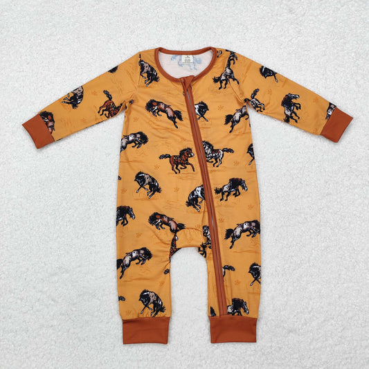 LR1857 Modal Horse Yellow Brown Zipper Long Sleeve Bodysuit