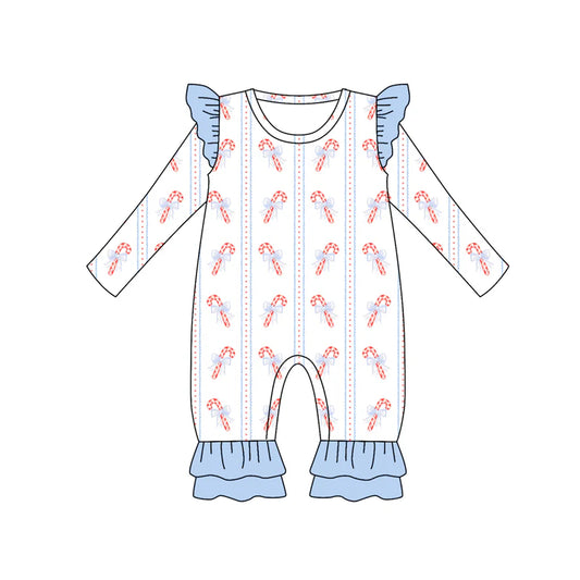 7.12Preorder (moq 5)Baby Girls Long Sleeves Bows Candy Cane Stripes Ruffle Pant Romper