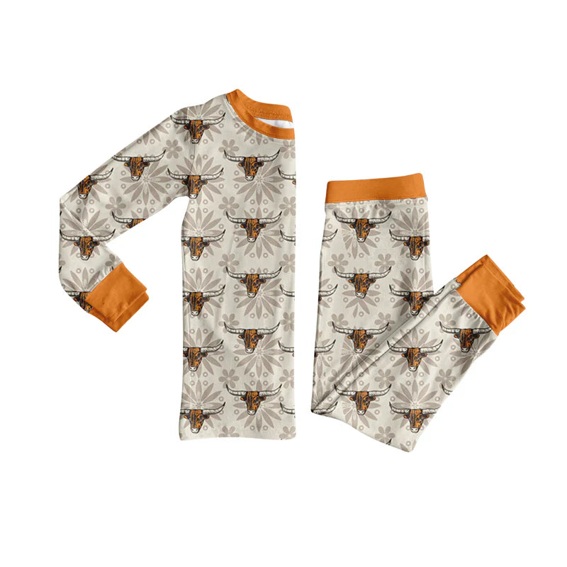 7.9Preorder (moq 5)Baby Girls Long Sleeves Flower Bull Skull Plaid Top Pant Pajamas Clothes Set