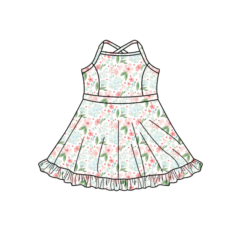 X1.14 Preorder (moq 5)Baby Girls Strap Colorful Flowers Ruffle Shorts Knee Length Dresses