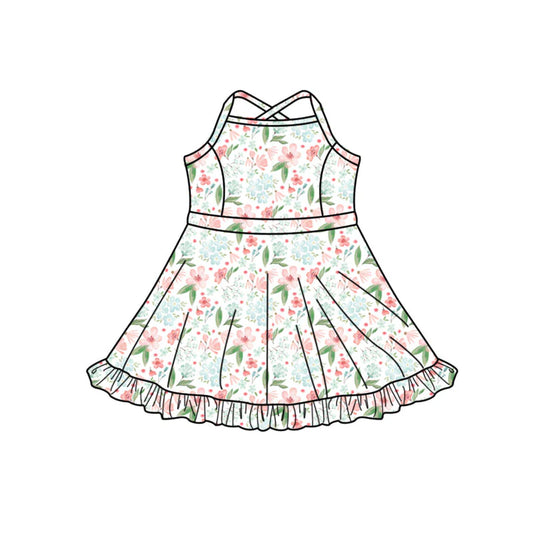 X1.14 Preorder (moq 5)Baby Girls Strap Colorful Flowers Ruffle Shorts Knee Length Dresses