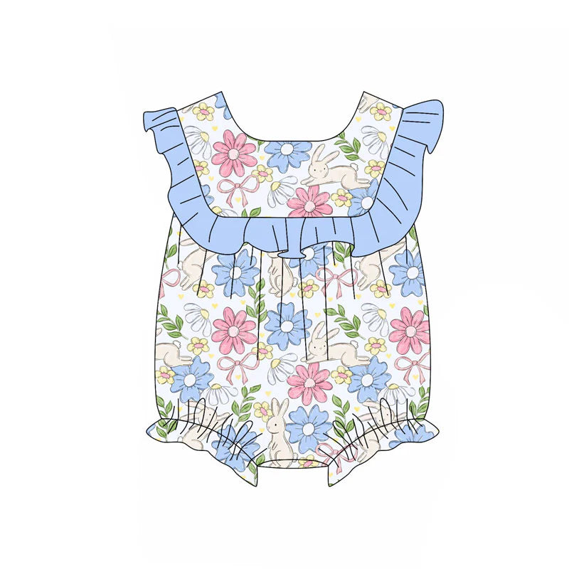 X11.15Preorder (moq 5)Baby Girls Rabbits Floral Bows Easter Ruffle Rompers