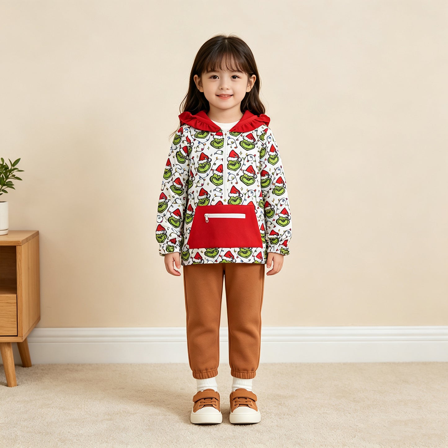 NEW RTS NO MOQ milk silk GT1163 Cute Clothes Baby Girls Christmas Plaid Print Pocket Zipper Christmas Hoodie Tops