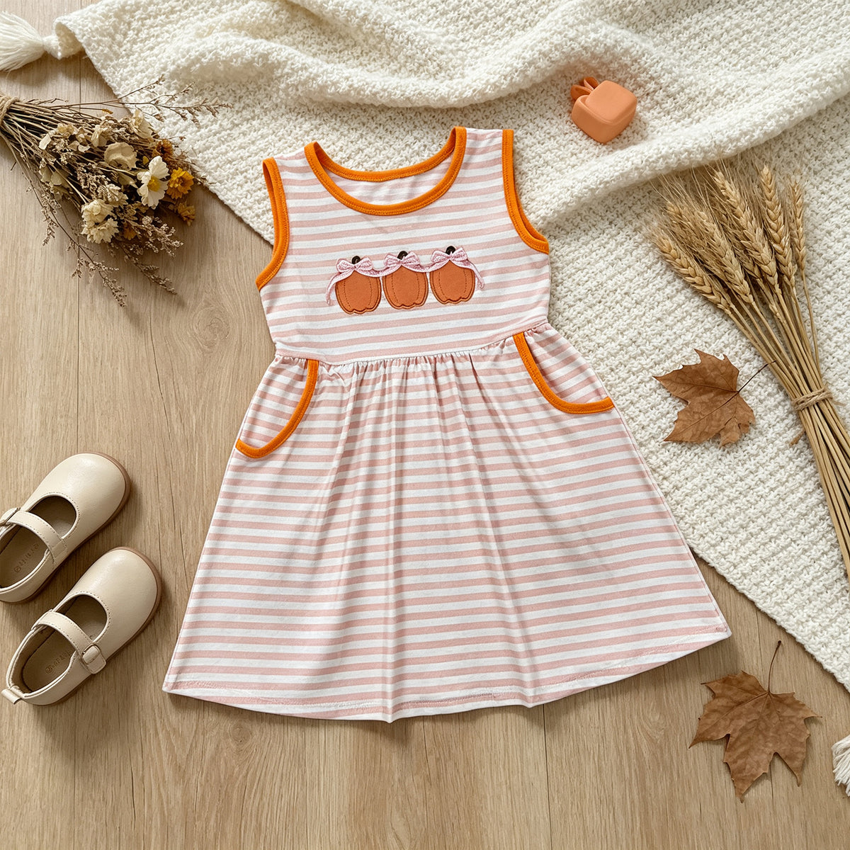 NEW RTS NO MOQ milk silk GSD4265 Embroidery Bow Pumpkins Baby Girls Pink Stripe Pockets Fall Knee Length Dress
