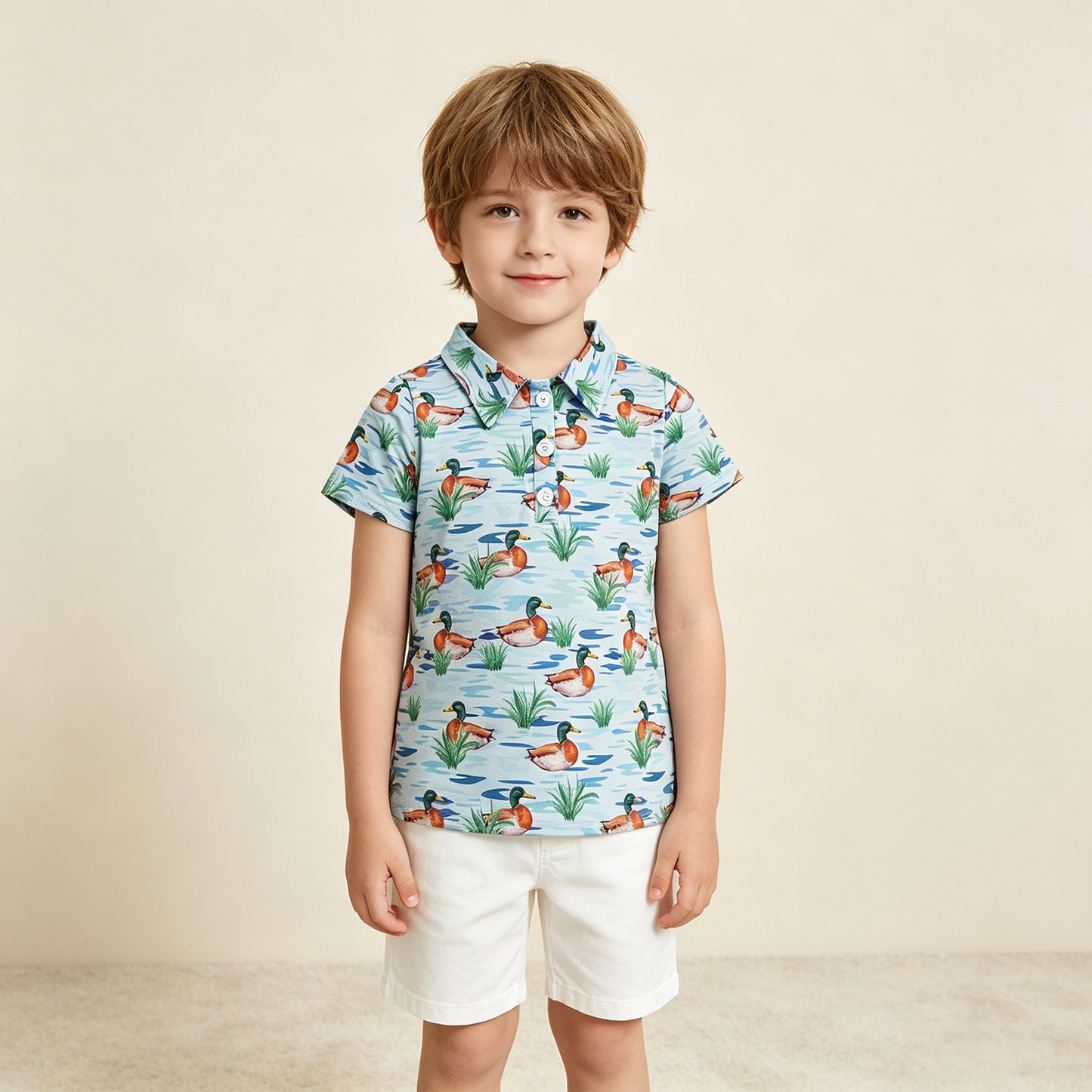 NEW RTS NO MOQ milk silk BT1381 Baby Boys Short Sleeve Ducks Hunting Button Polo Shirts Top