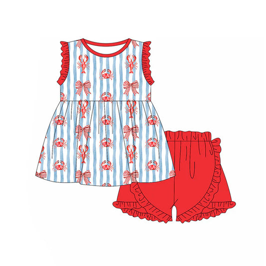 X11.17Preorder(moq 5) Baby Girls Crayfishes Crabs Stripe Tunic Ruffle Shorts Clothes Sets