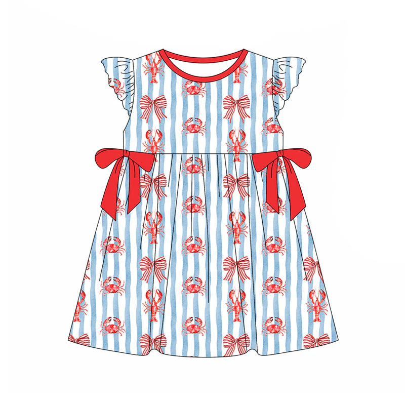 X11.18Preorder(moq 5) Baby Girls Blue Stripe Crayfishes Crabs Bows Knee Length Dresses