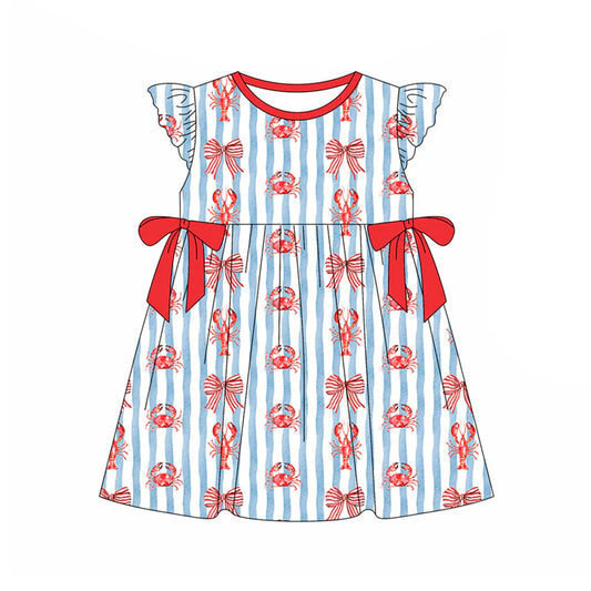 X11.18Preorder(moq 5) Baby Girls Blue Stripe Crayfishes Crabs Bows Knee Length Dresses