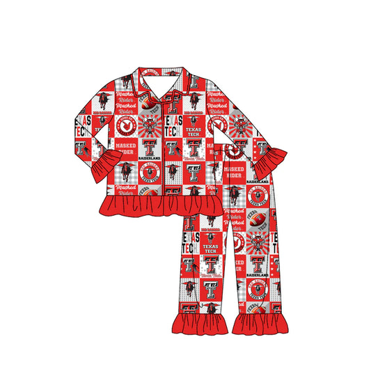 X903Preorder moq 5 Baby Girls Texas Tech Team Buttons Top Pants Pajamas Clothes Sets
