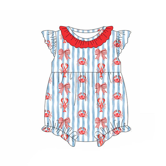 X11.15Preorder (moq 5)Baby Girls Flutter Sleeve Blue Stripe Crayfishe Crab Ruffle Collar Rompers