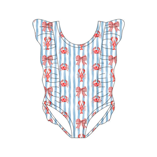 X11.18Preorder(moq 5) Baby Girls Blue Stripe Bows Crabs Crayfishes Ruffle Swimsuits