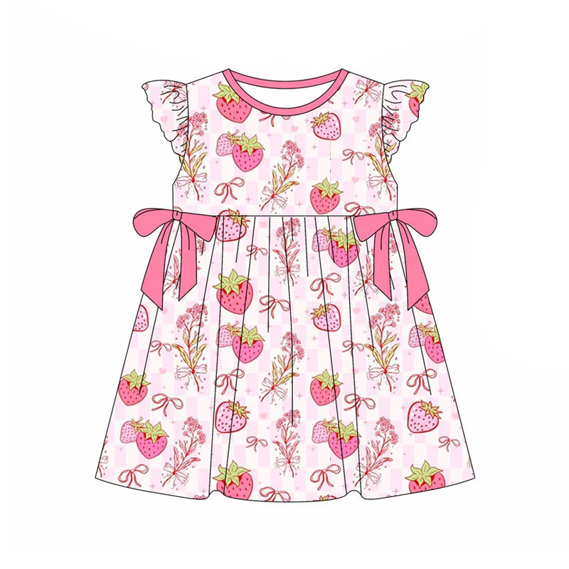 X11.18Preorder(moq 5) Baby Girls Pink Checked Strawberry Bows Knee Length Dresses