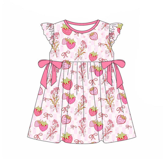 X11.18Preorder(moq 5) Baby Girls Pink Checked Strawberry Bows Knee Length Dresses