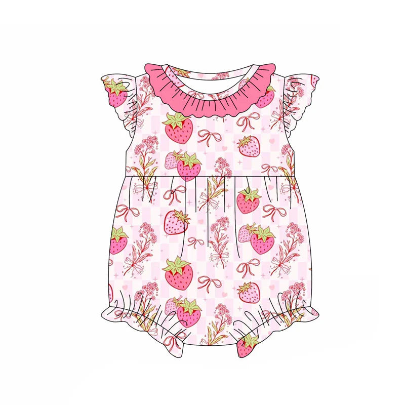 X11.15Preorder (moq 5)Baby Girls Flutter Sleeve Bows Strawberry Checked Ruffle Collar Rompers