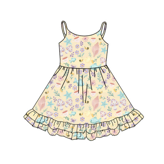 X11.18Preorder(moq 5) Baby Girls Strap Fishes Flowers Ruffle Knee Length Dresses