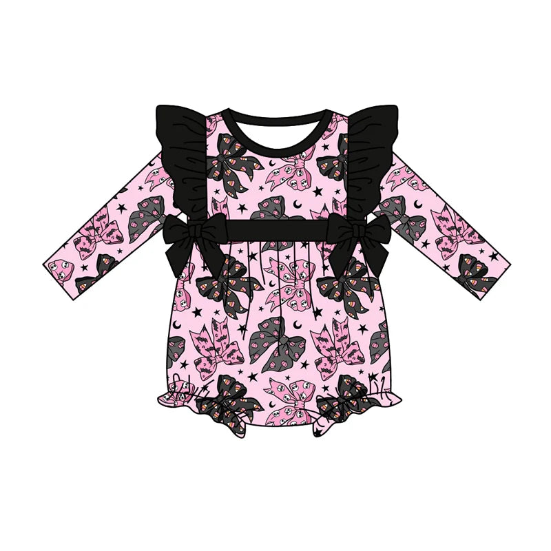 7.12Preorder (moq 5)Baby Girls Long Sleeves Bats Ghost Bows Stars Plaid Ruffle Romper