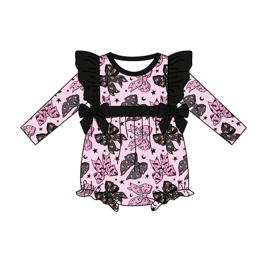 7.12Preorder (moq 5)Baby Girls Long Sleeves Bats Ghost Bows Stars Plaid Ruffle Romper