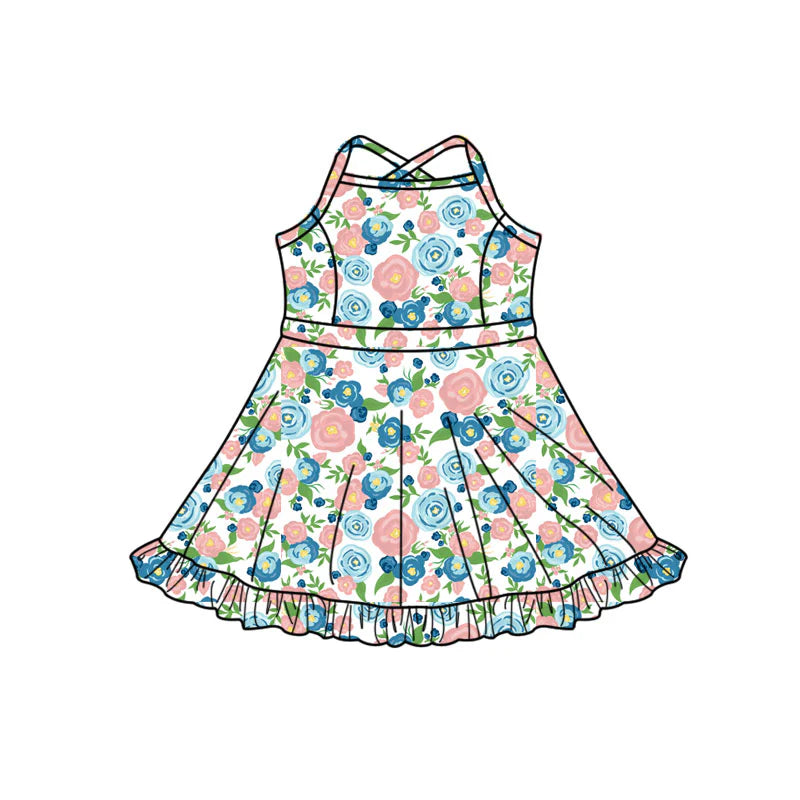 X1.14 Preorder (moq 5)Baby Girls Strap Colorful Flowers Ruffle Shorts Knee Length Dresses