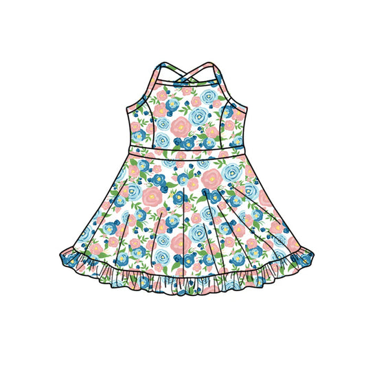 X1.14 Preorder (moq 5)Baby Girls Strap Colorful Flowers Ruffle Shorts Knee Length Dresses