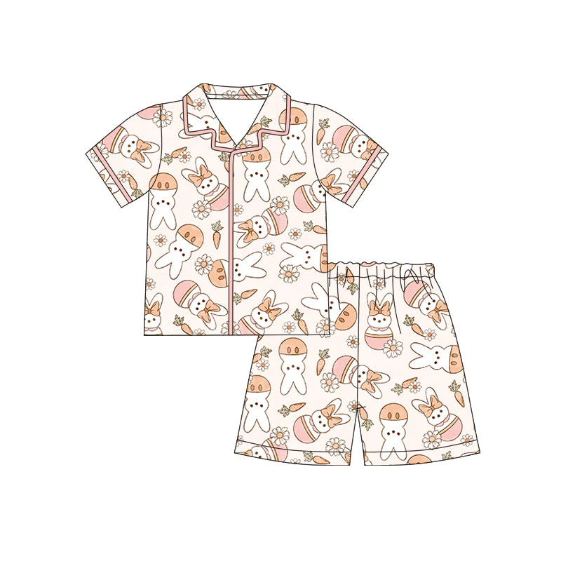 X12.18 Preorder (moq 5)Baby Girls Rabbits Carrots Flowers Button Top Shorts Easter Pajamas Sets
