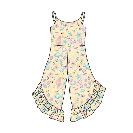 X11.17Preorder(moq 5) Baby Girls Strap Fishes Flowers Ruffle Bell Bottom Jumpsuits