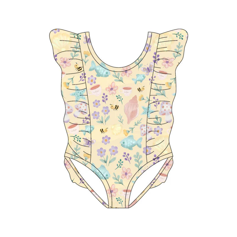 X11.18Preorder(moq 5) Baby Girls Fishes Flowers Ruffle Swimsuits