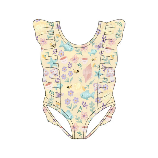 X11.18Preorder(moq 5) Baby Girls Fishes Flowers Ruffle Swimsuits