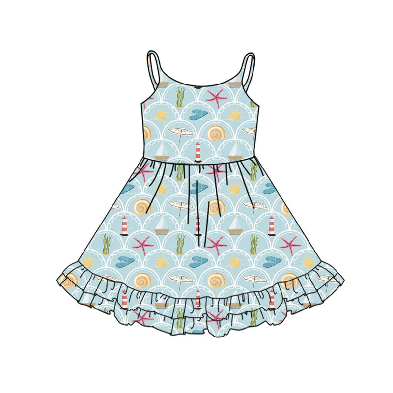 X11.18 Preorder(moq 5) Baby Girls Strap Sea World Checked Ruffle Knee Length Dresses