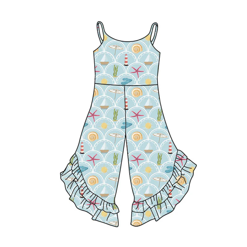 X11.17Preorder(moq 5) Baby Girls Strap Sea World Checked Ruffle Bell Bottom Jumpsuits