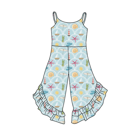 X11.17Preorder(moq 5) Baby Girls Strap Sea World Checked Ruffle Bell Bottom Jumpsuits