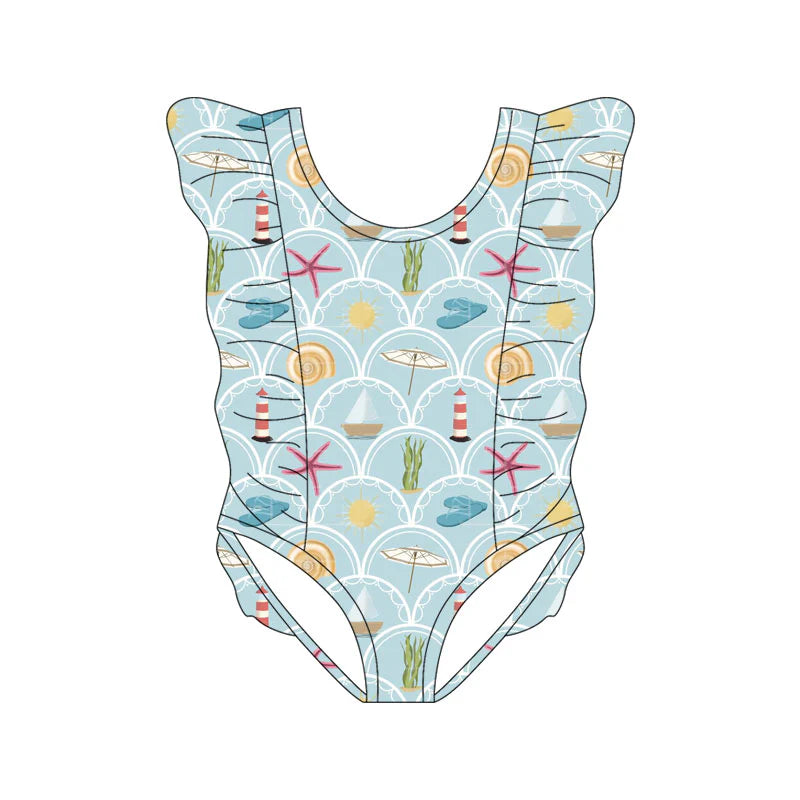 X11.18Preorder(moq 5) Baby Girls Sea World Checked Ruffle Swimsuits