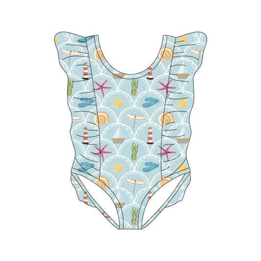 X11.18Preorder(moq 5) Baby Girls Sea World Checked Ruffle Swimsuits