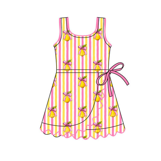 X11.17Preorder(moq 5) Baby Girls Pink Yellow Stripe Bows Lemons Ruffle Knee Length Dresses