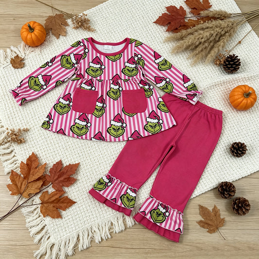 RTS NO MOQ milk silk GLP3458 Baby Girls Blue Stripe Santa Pockets Tunic Ruffle Pant Christmas Clothes Set