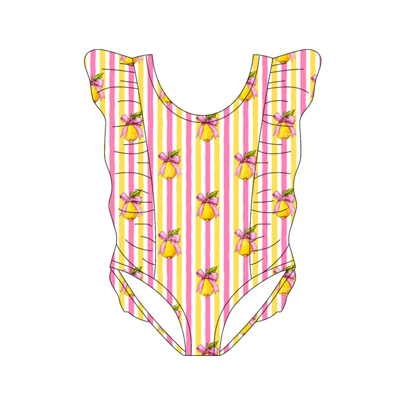 X11.18Preorder(moq 5) Baby Girls Pink Yellow Stripe Bows Lemons Ruffle Swimsuits