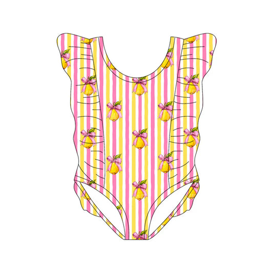 X11.18Preorder(moq 5) Baby Girls Pink Yellow Stripe Bows Lemons Ruffle Swimsuits