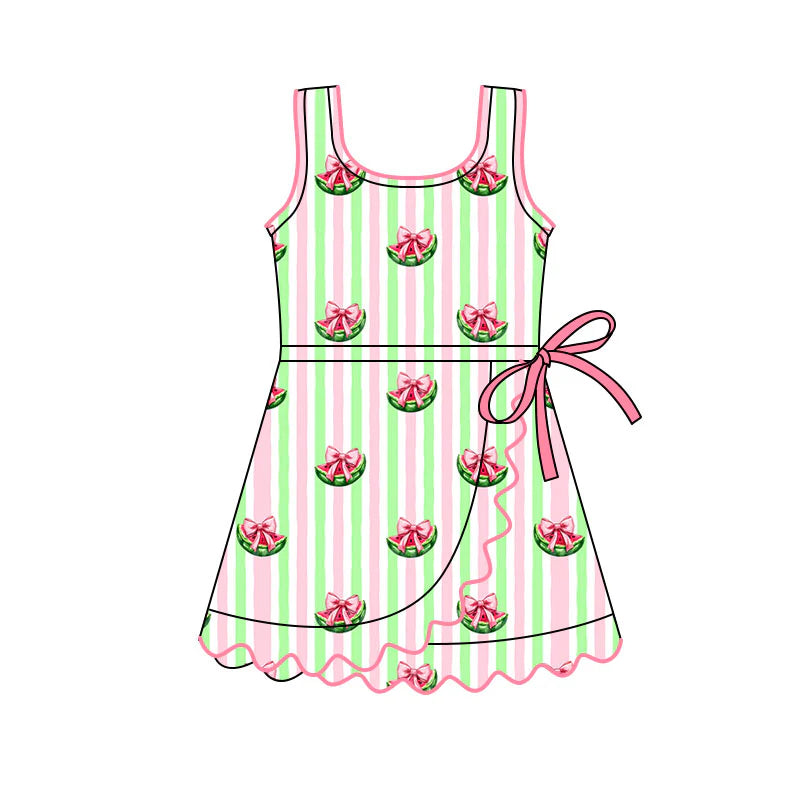 X11.17Preorder(moq 5) Baby Girls Pink Green Stripe Bows Watermelons Ruffle Knee Length Dresses