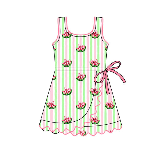 X11.17Preorder(moq 5) Baby Girls Pink Green Stripe Bows Watermelons Ruffle Knee Length Dresses