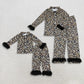 RTS NO MOQ milk silk Sibling Adult To Match Kids Leopard Bow Moon Print Pajama Set With Black Fur Trim Long Sleeve Button Top And Pants