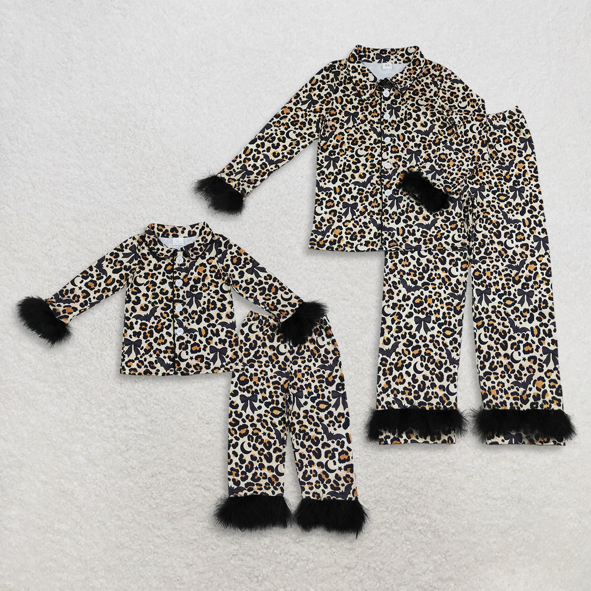 RTS NO MOQ milk silk Sibling Adult To Match Kids Leopard Bow Moon Print Pajama Set With Black Fur Trim Long Sleeve Button Top And Pants