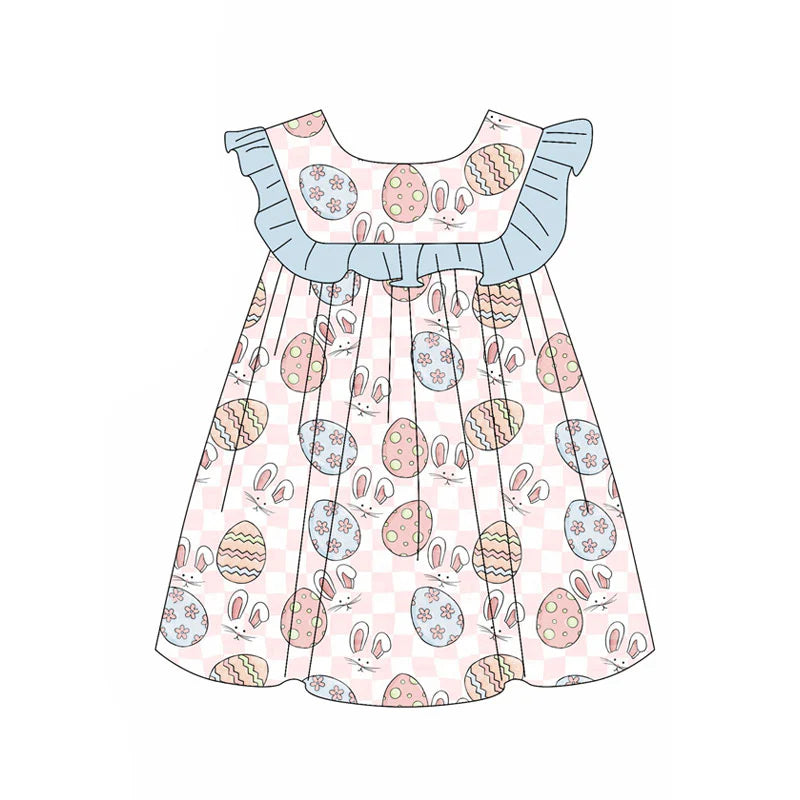 X11.15Preorder(moq 5) Baby Girls Pink Checked Eggs Rabbits Easter Knee Length Dresses