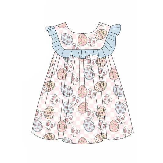 X11.15Preorder(moq 5) Baby Girls Pink Checked Eggs Rabbits Easter Knee Length Dresses